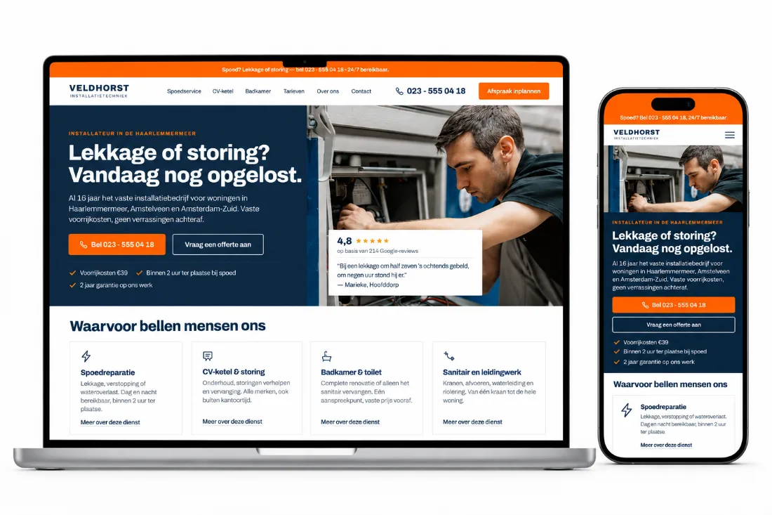 Website Veldhorst Installatietechniek op laptop en telefoon: donkerblauwe hero met monteur aan het werk en een spoedbalk bovenaan