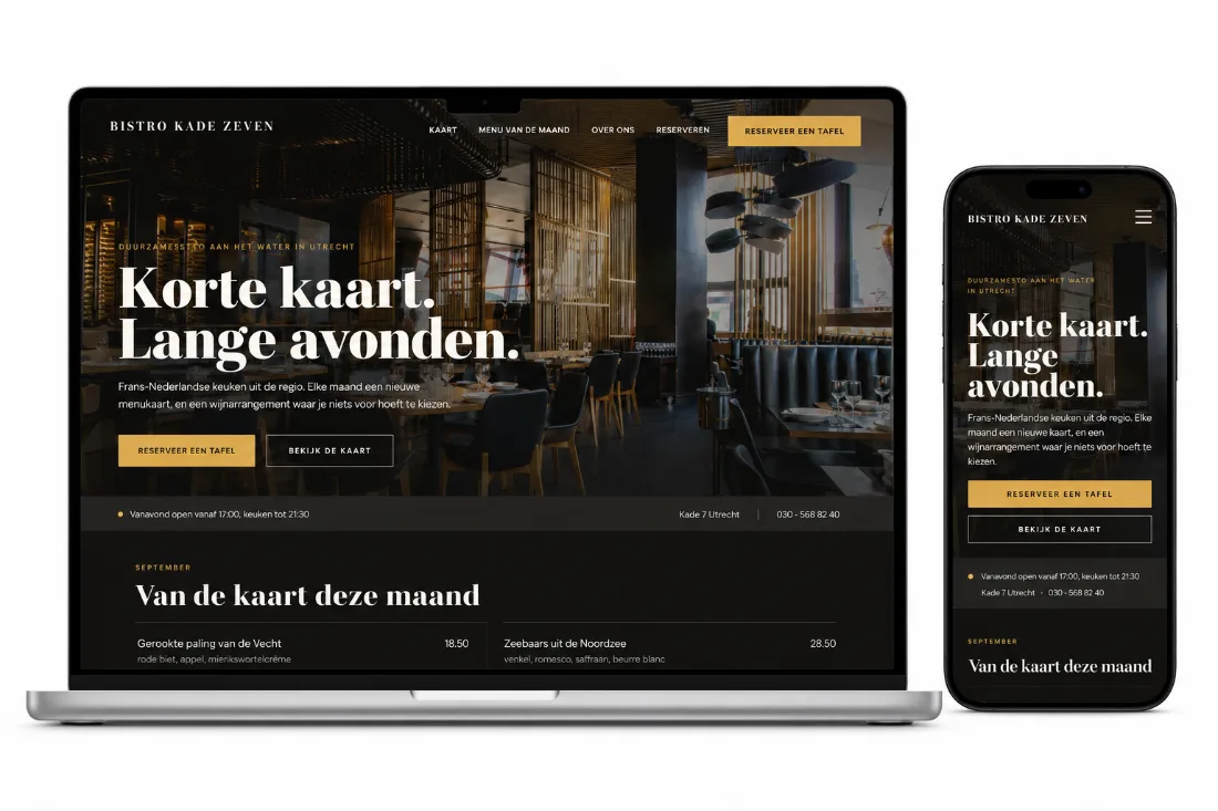 Website Bistro Kade Zeven op laptop en telefoon: donkere filmische restaurantsite met interieurfoto en maandkaart