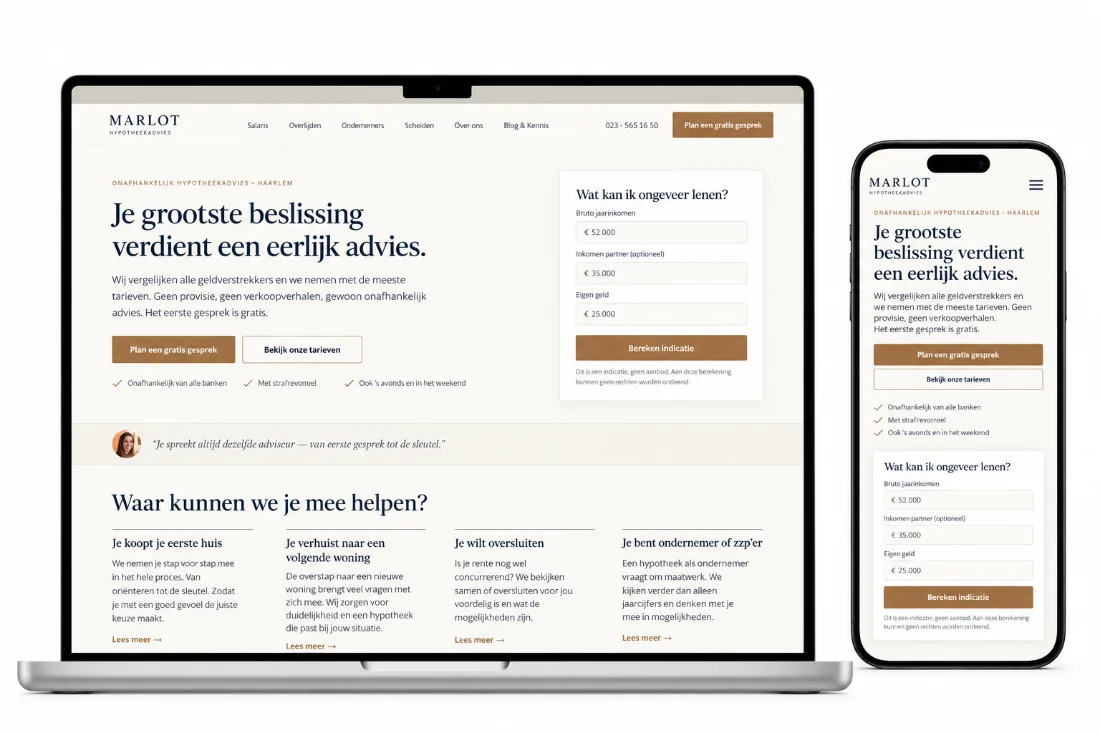 Website Marlot Hypotheekadvies op laptop en telefoon: zakelijke site met rekenmodule voor maximale hypotheek