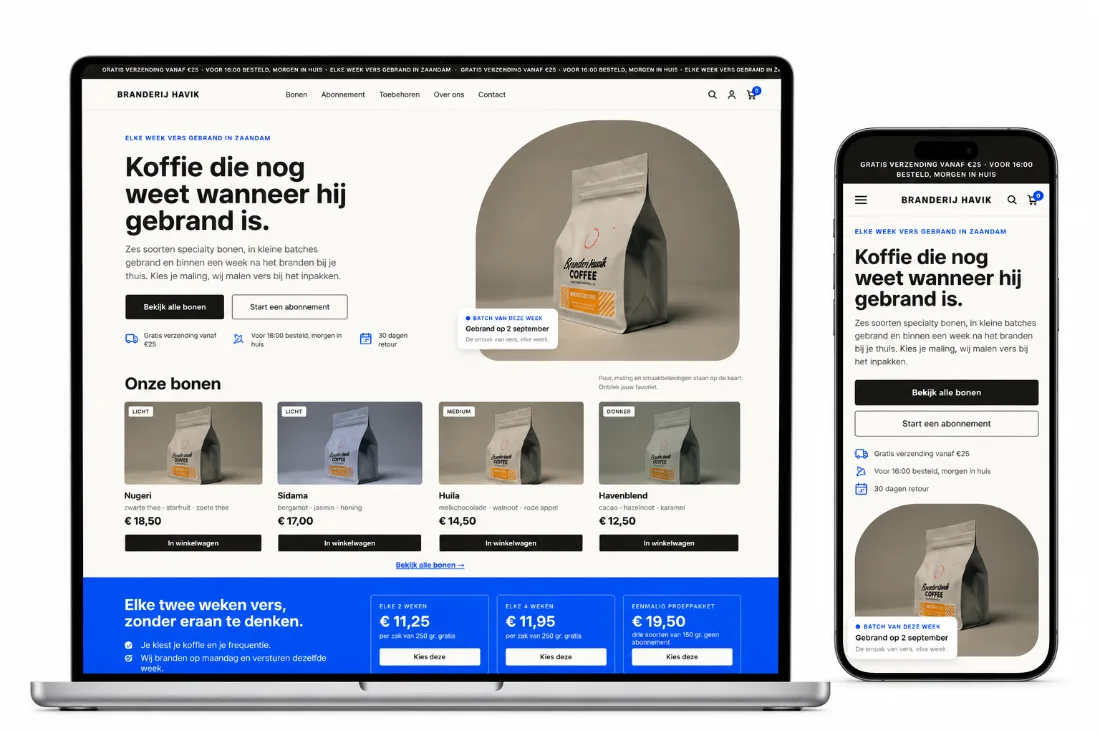 Website Branderij Havik op laptop en telefoon: frisse koffiewebshop met productfoto, bonenoverzicht en abonnement