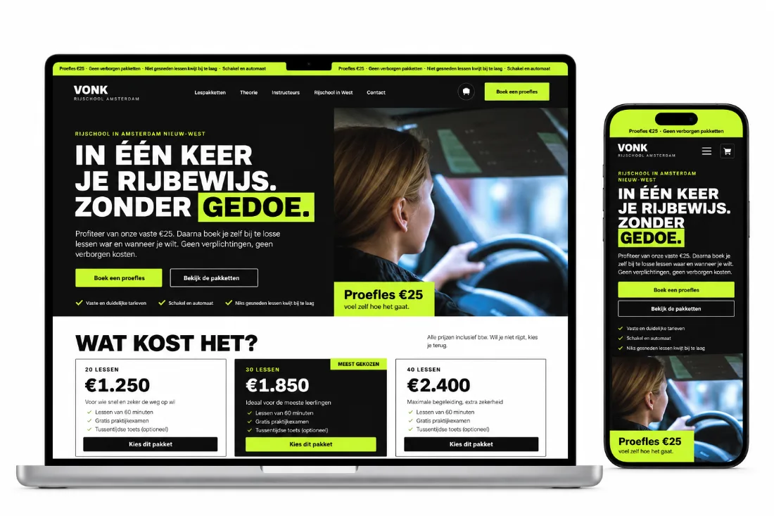 Website Rijschool Vonk op laptop en telefoon: felgele en zwarte rijschoolsite met lespakketten en prijzen